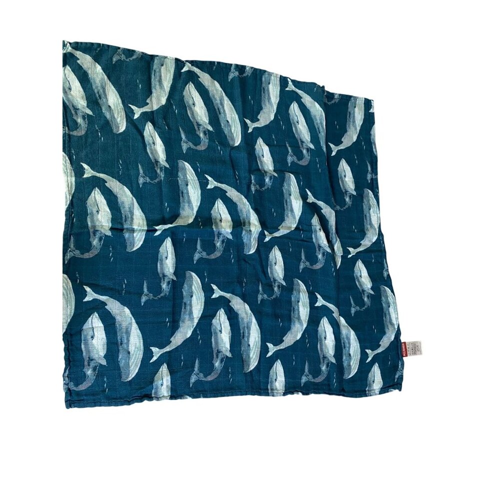 Milkbarn Baby Whale Print Muslin Lovey Blanket Bamboo Cotton 23x23" Blue Novelty